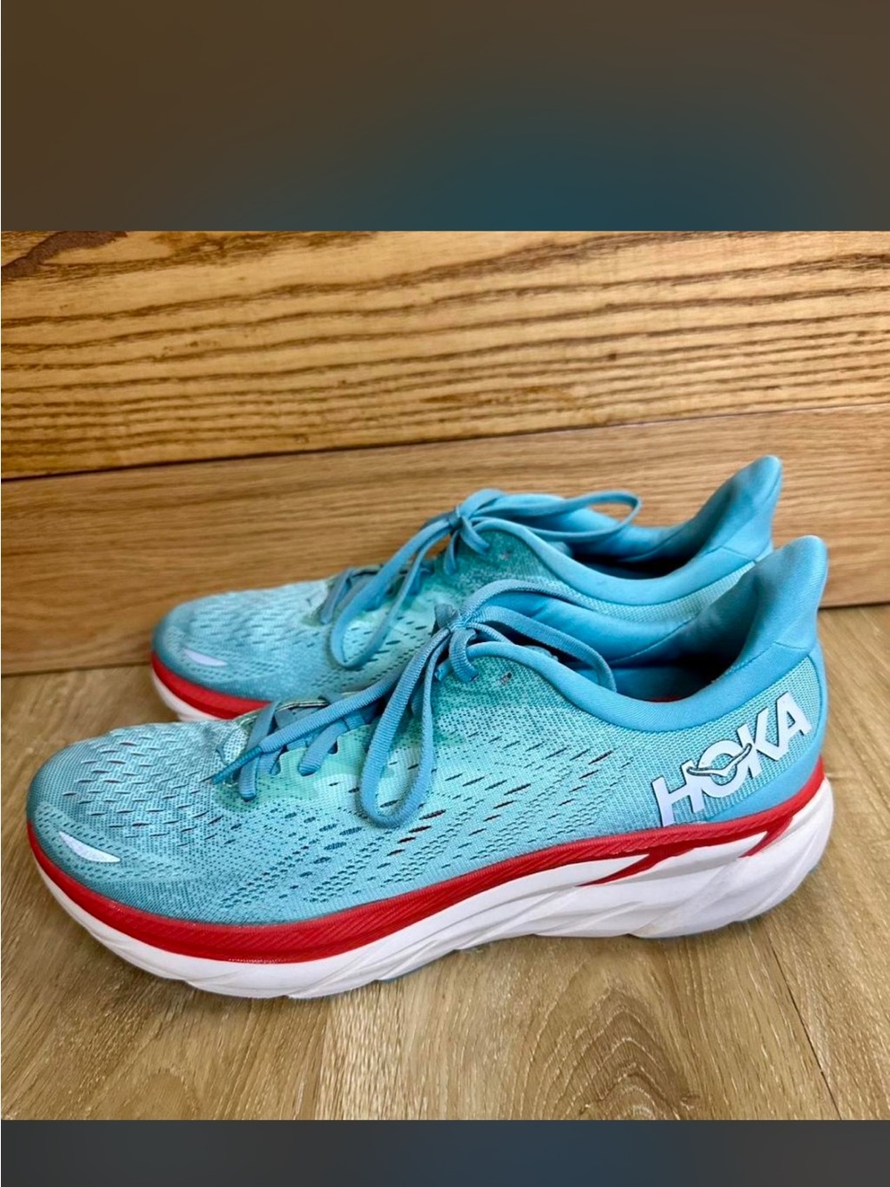 HOKA Clifton 8 Running Shoes in Aqua/Red